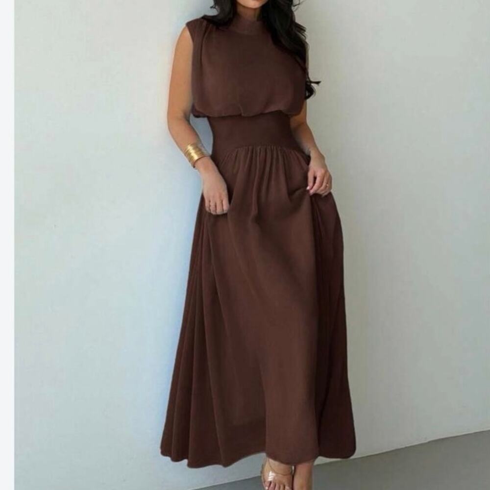 SHEIN Firerie Coffee Brown High Neck Cinched Waist Maxi Dress Size S
